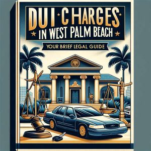 An illustration depicting a guidebook cover for navigating DUI charges in West Palm Beach. The cover features a courthouse in the background with palm trees, symbolizing the location. In the foreground, there's a balance scale of justice, and a car with car keys beside it, symbolizing the DUI charge. The title 'Navigating DUI Charges in West Palm Beach: Your Brief Legal Guide' is prominently displayed at the top. The cover has a serious and professional tone, reflecting the gravity of the subject. The color scheme consists of dark blue and gold to convey trust and expertise.