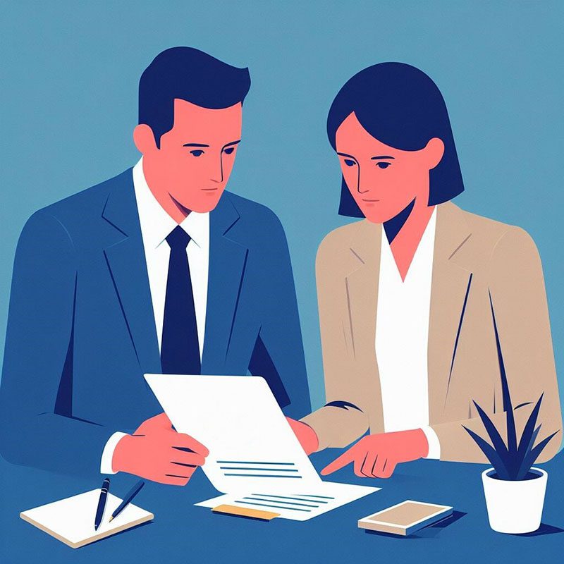 an illustration of a lawyer and his client looking at legal paperwork